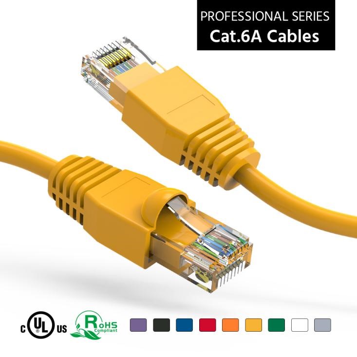 Two connectors of a Nippon Labs Cat 6A UTP Ethernet Network Booted Cable are displayed.